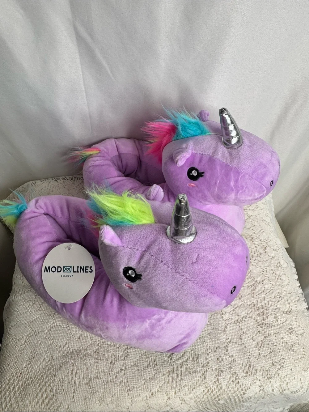 Mod Lines Unicorn Plush Slippers Purple Rainbow Mane Women’s Size 7.5-9 NWT